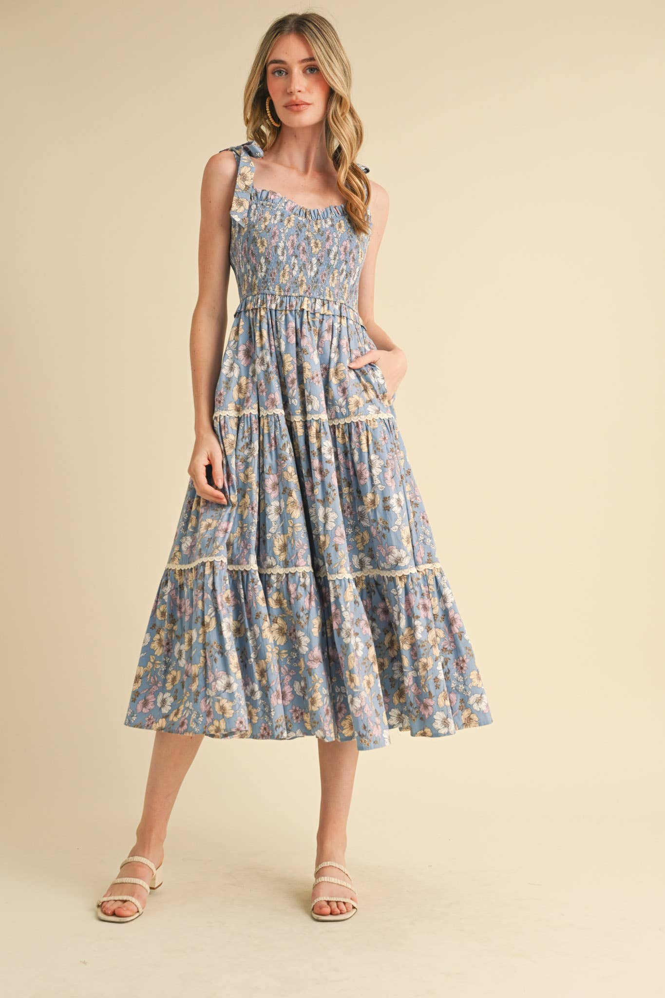 Floral Ruffled Lace Trim Midi Dress