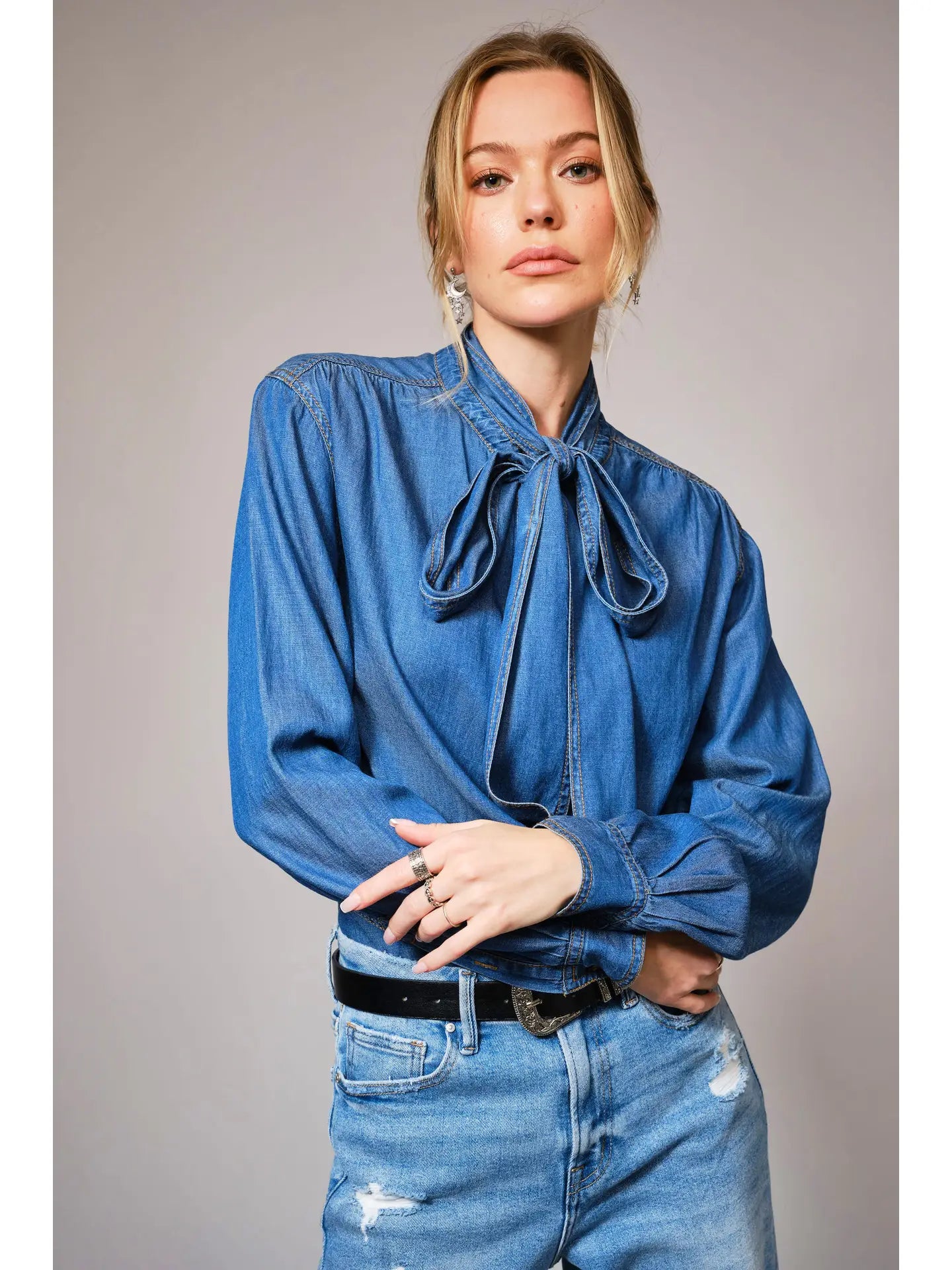 Tie Neck Hidden Button Chambray Blouse