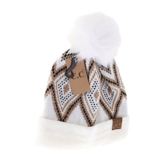 Geometric Pattern Pom C.C Beanie