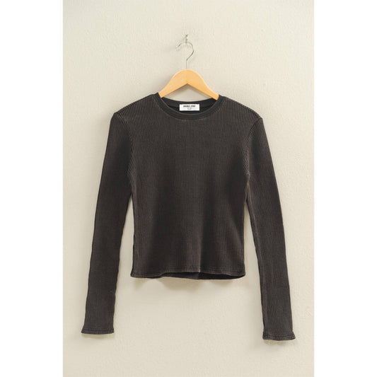 Mineral Wash Waffle Knit Long Sleeve Top