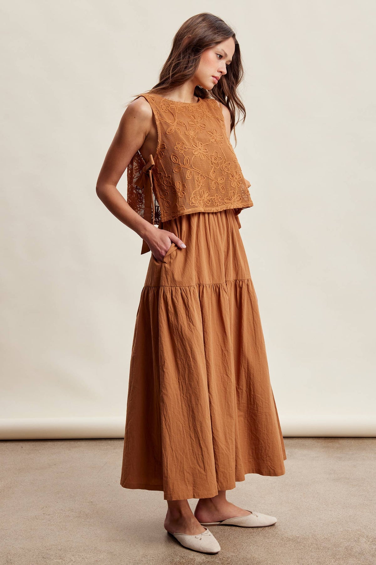 Embroidered Lace Vest & Sleeveless Midi Dress Set