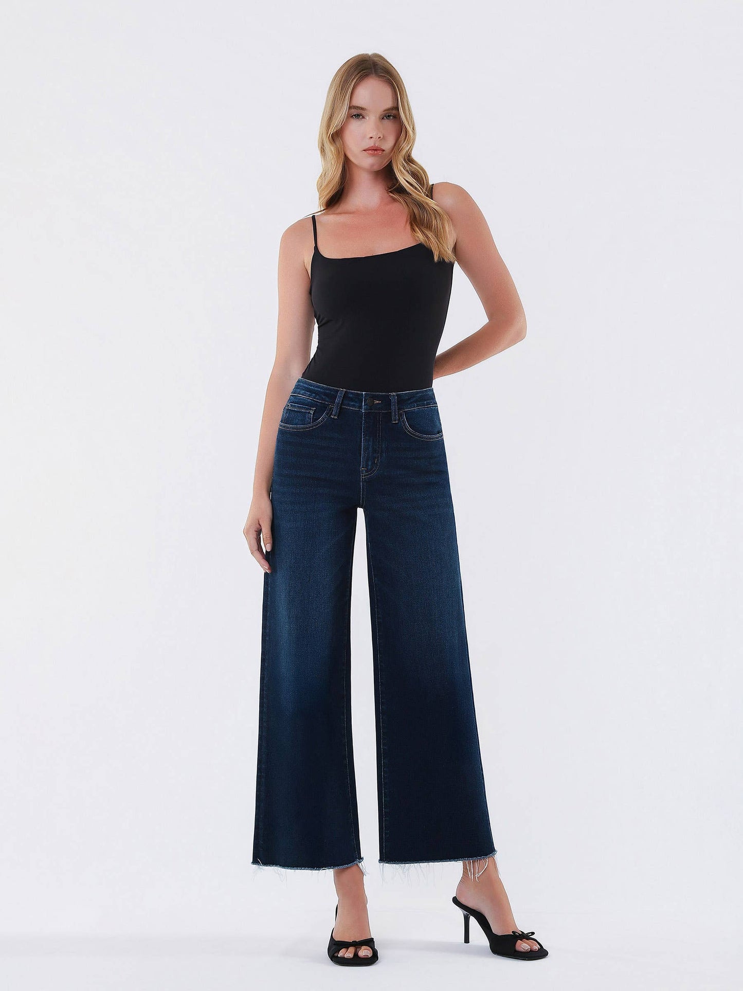 High Rise Dark Wash Ankle Wide Leg Jeans