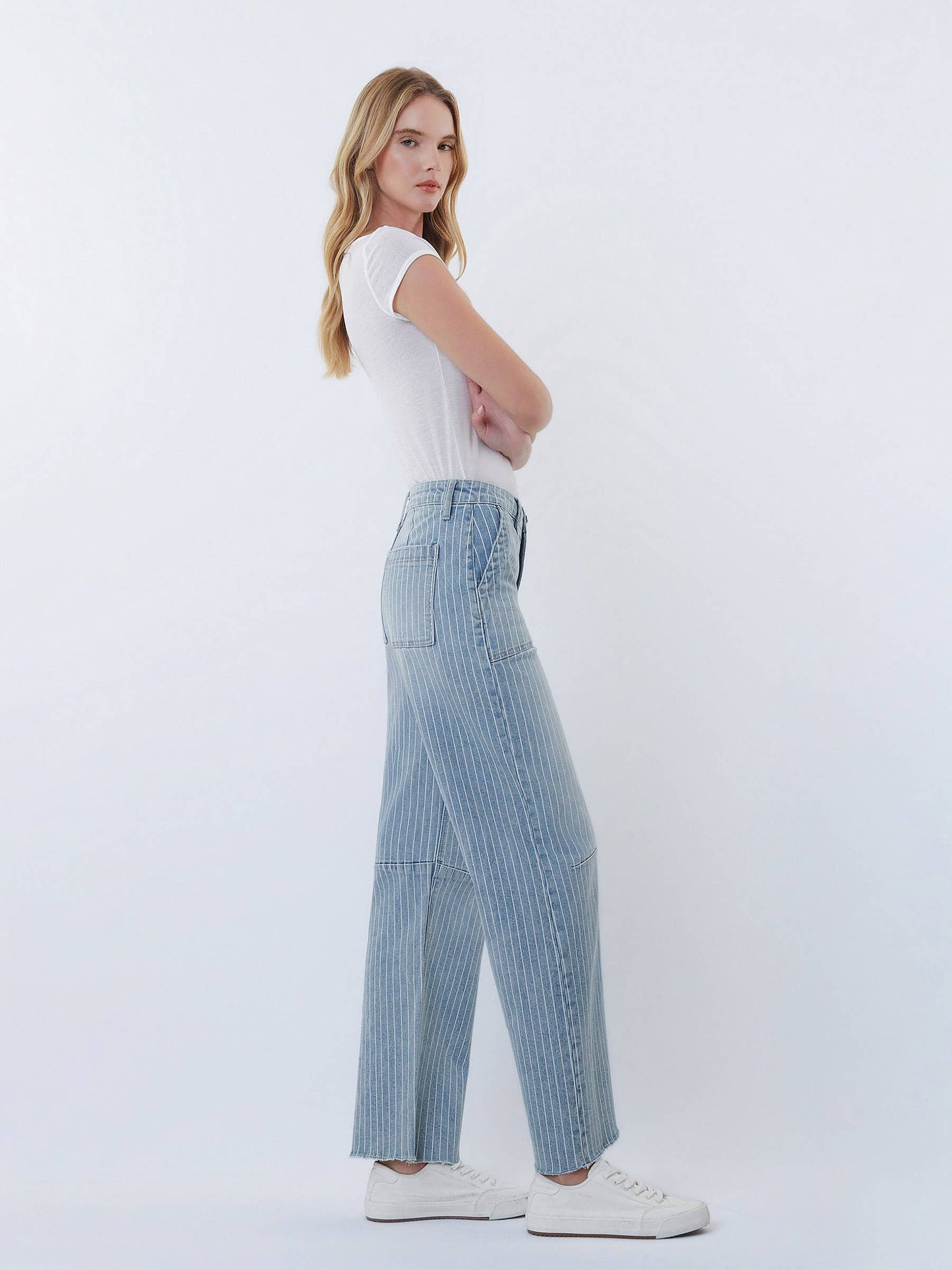Striped Raw Hem Barrel Jeans