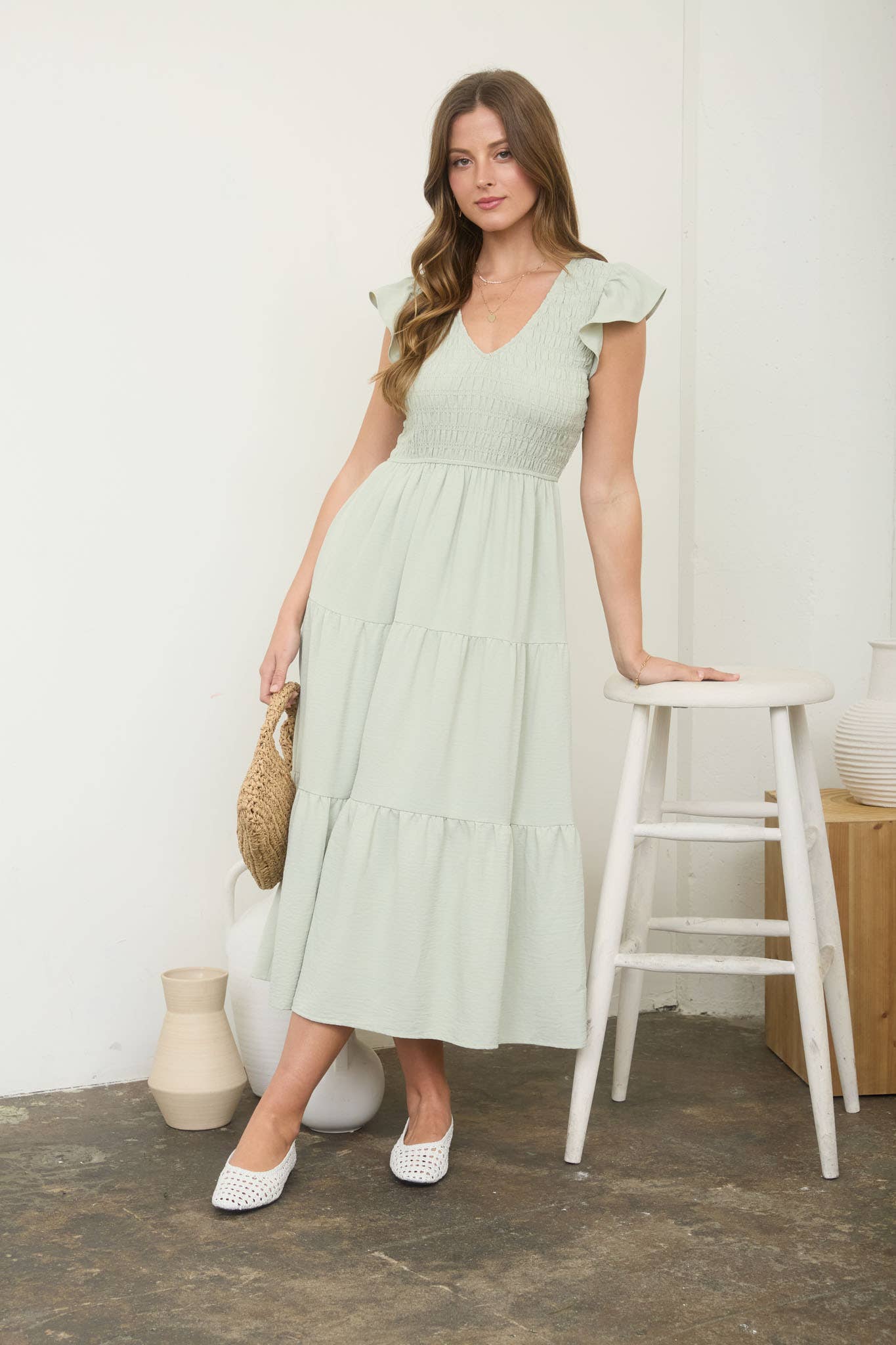 FLUTTER SLEEVE V NECK SMOCKED MIDI DRESS