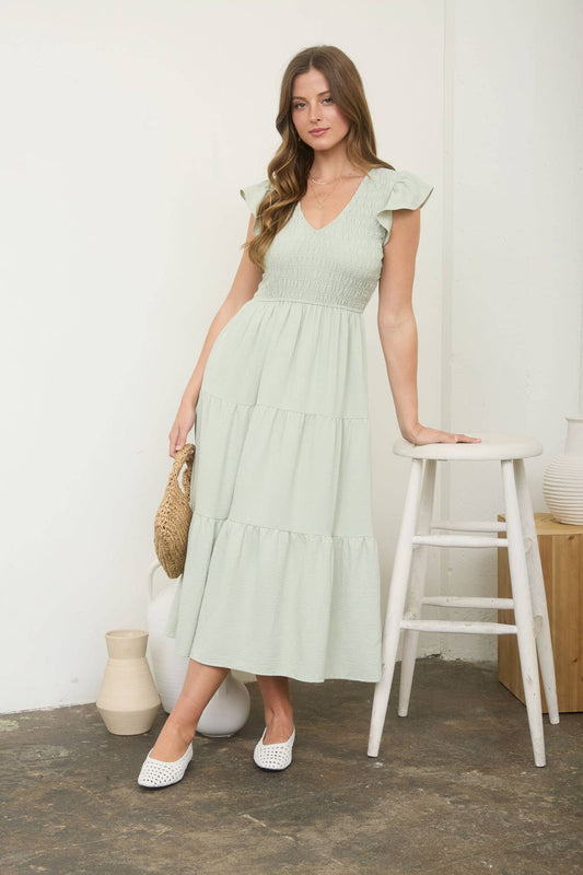 FLUTTER SLEEVE V NECK SMOCKED MIDI DRESS