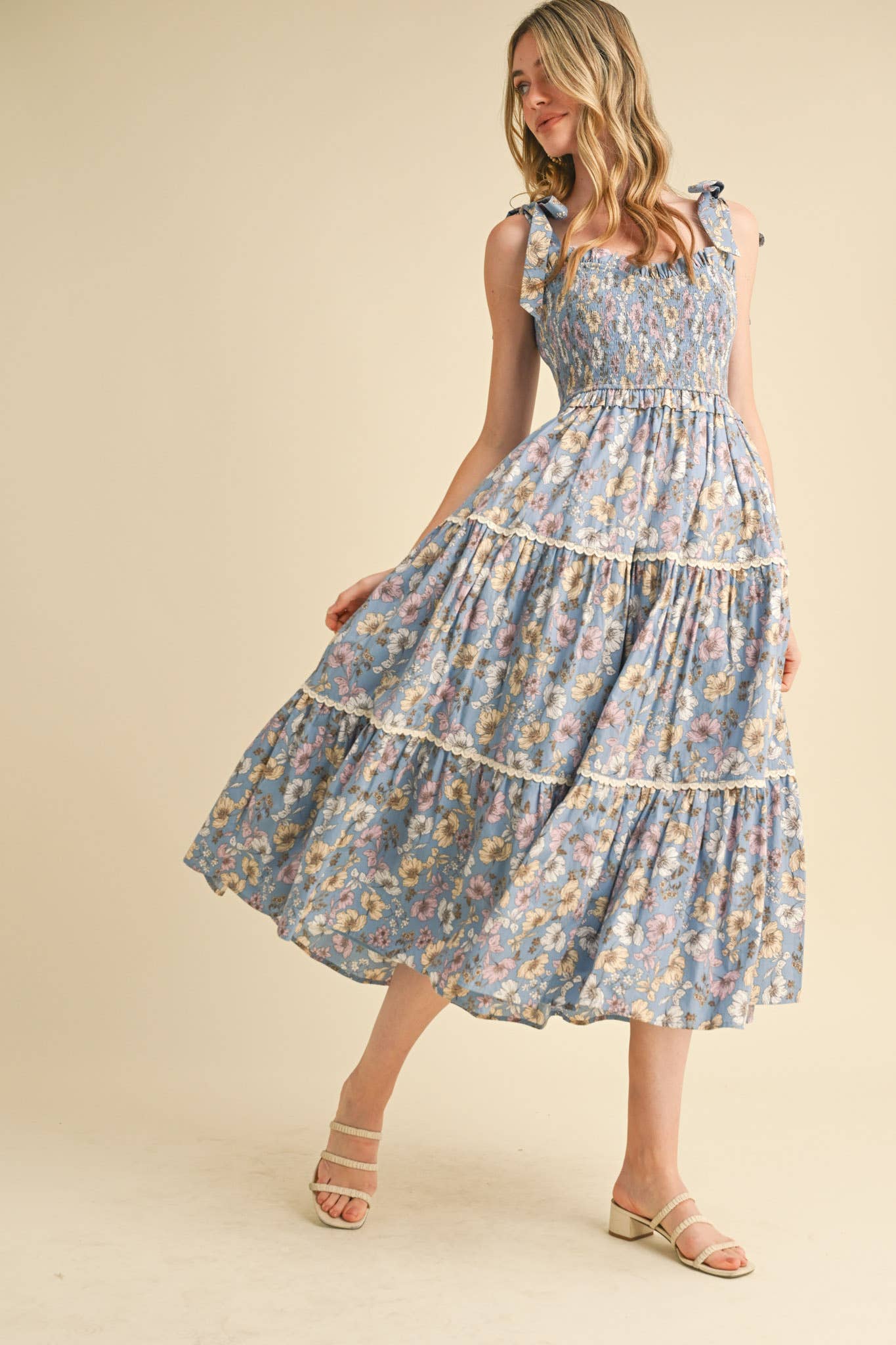 Floral Ruffled Lace Trim Midi Dress
