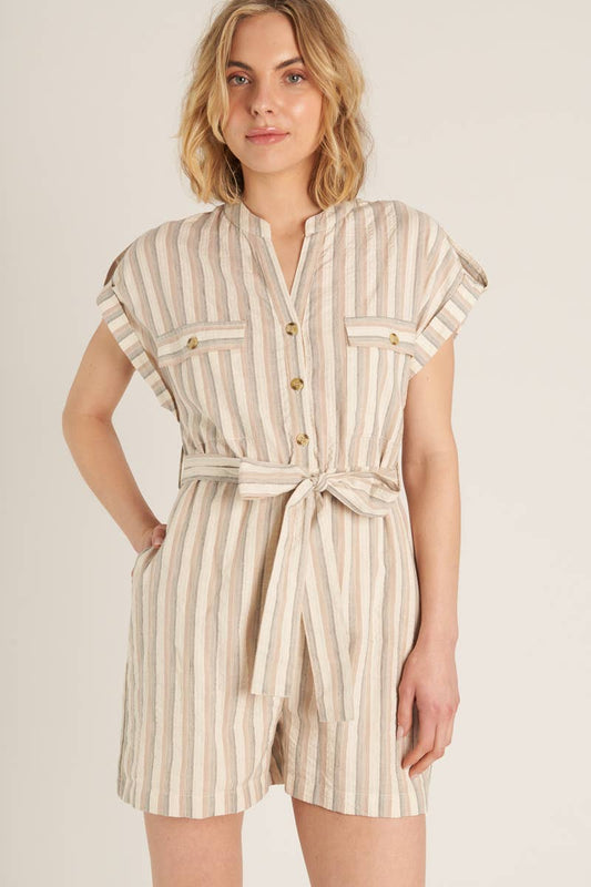 Cuffed Sleeve Striped Belted Romper