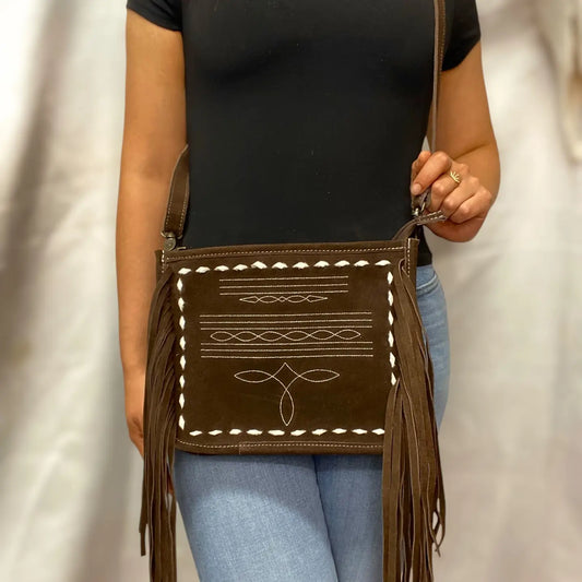 Brown Suede Leather Bootstitch Fringe Crossbody