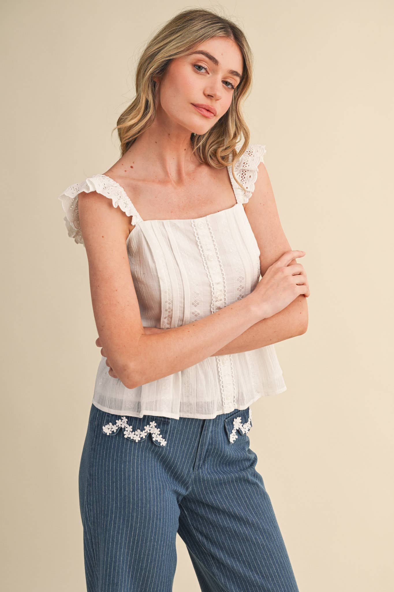 Eyelet Flutter Sleeve Peplum Top