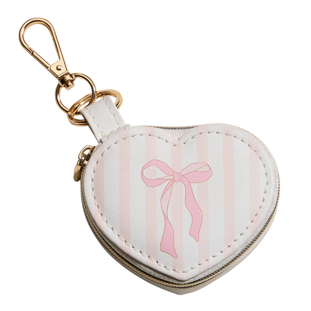 Bow Accent Striped Printed Heart Shaped Jewelry Case Keychain / Bag Charm