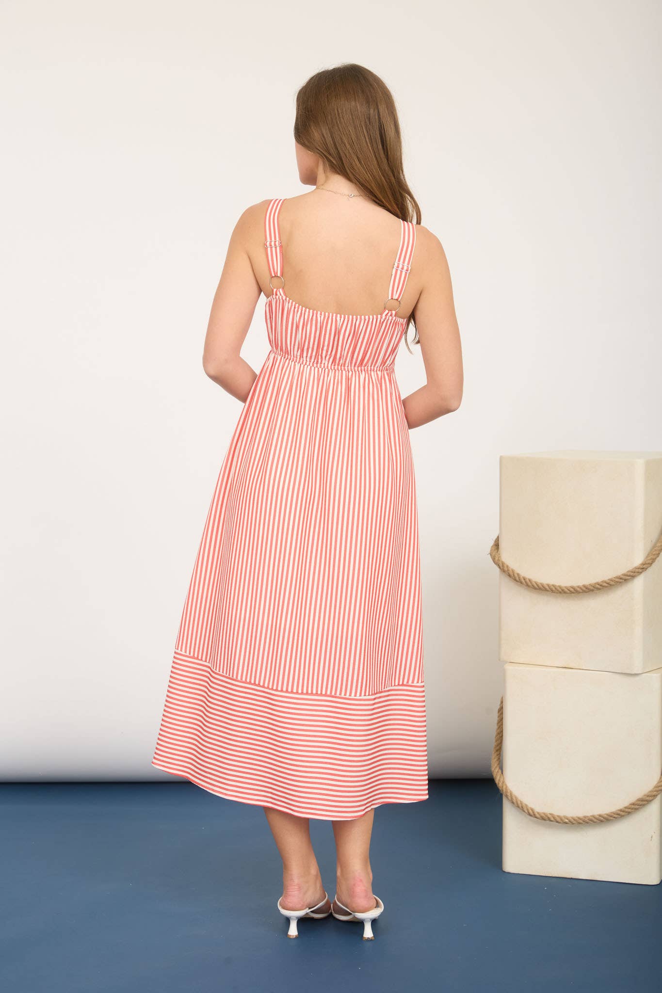 Stripe Sweetheart Button Down Sleeveless Midi Dress
