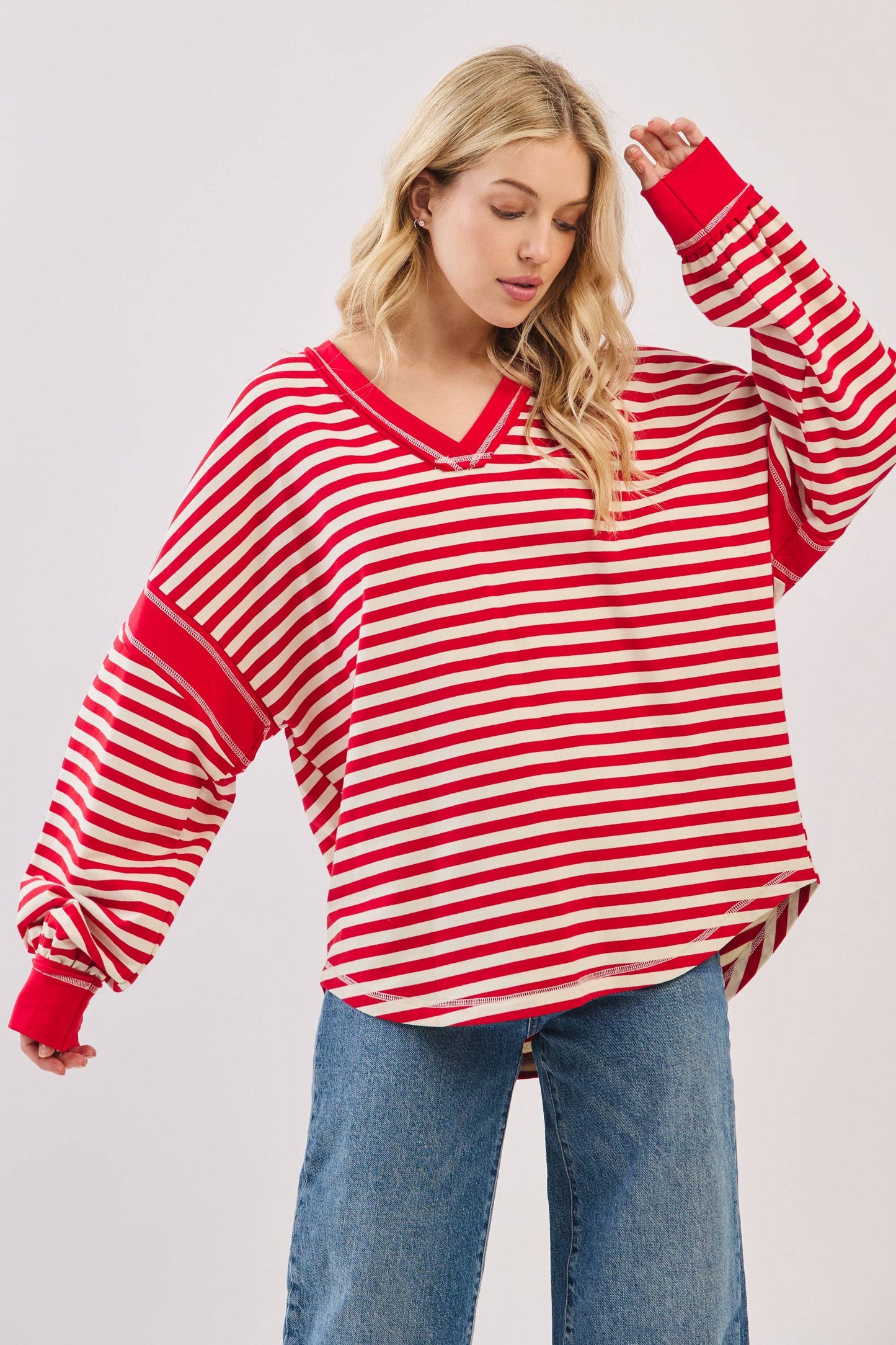 Striped Balloon Sleeve V-Neck Knit Top
