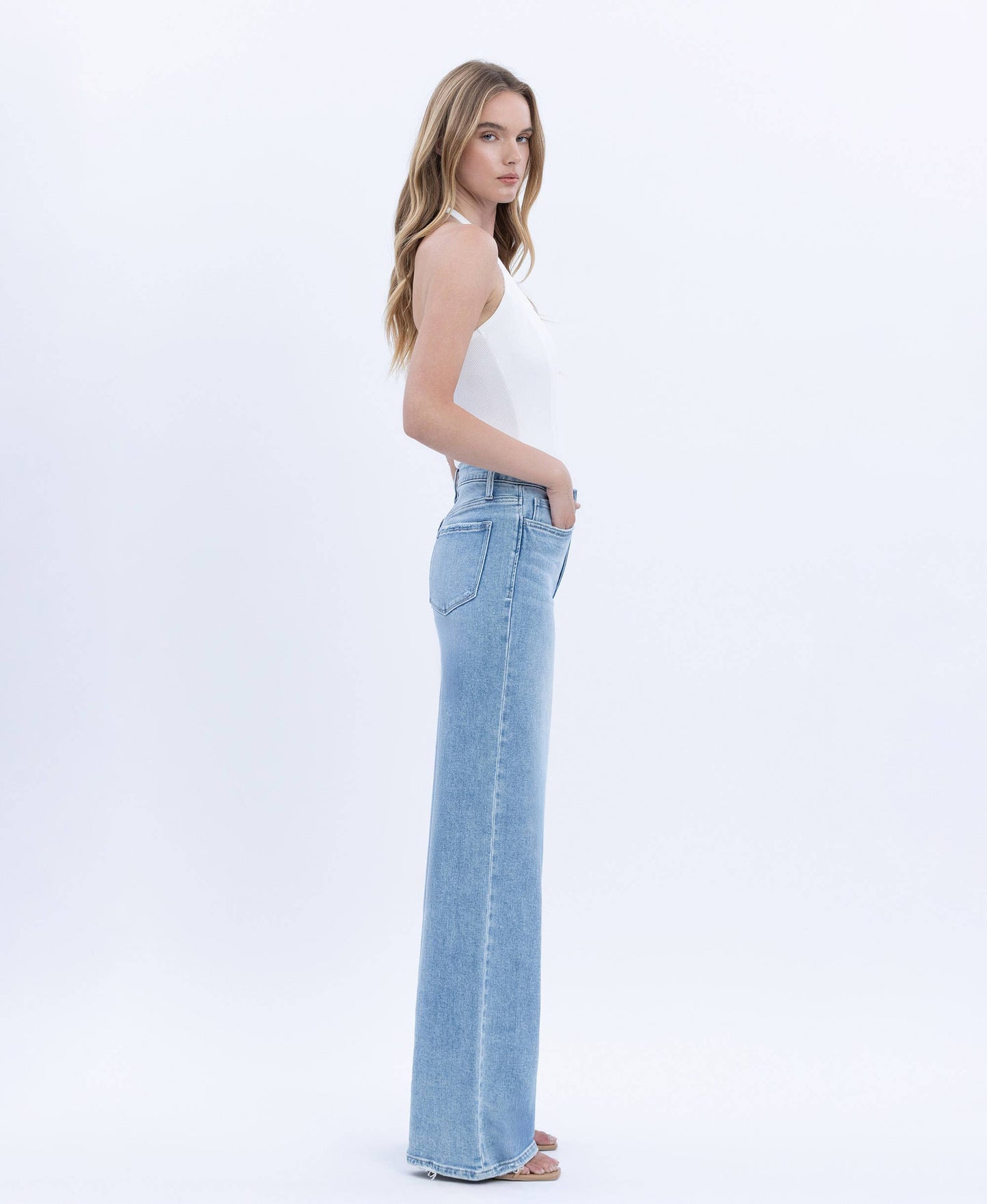 High Rise Full Length Light Wash Wide Jeans