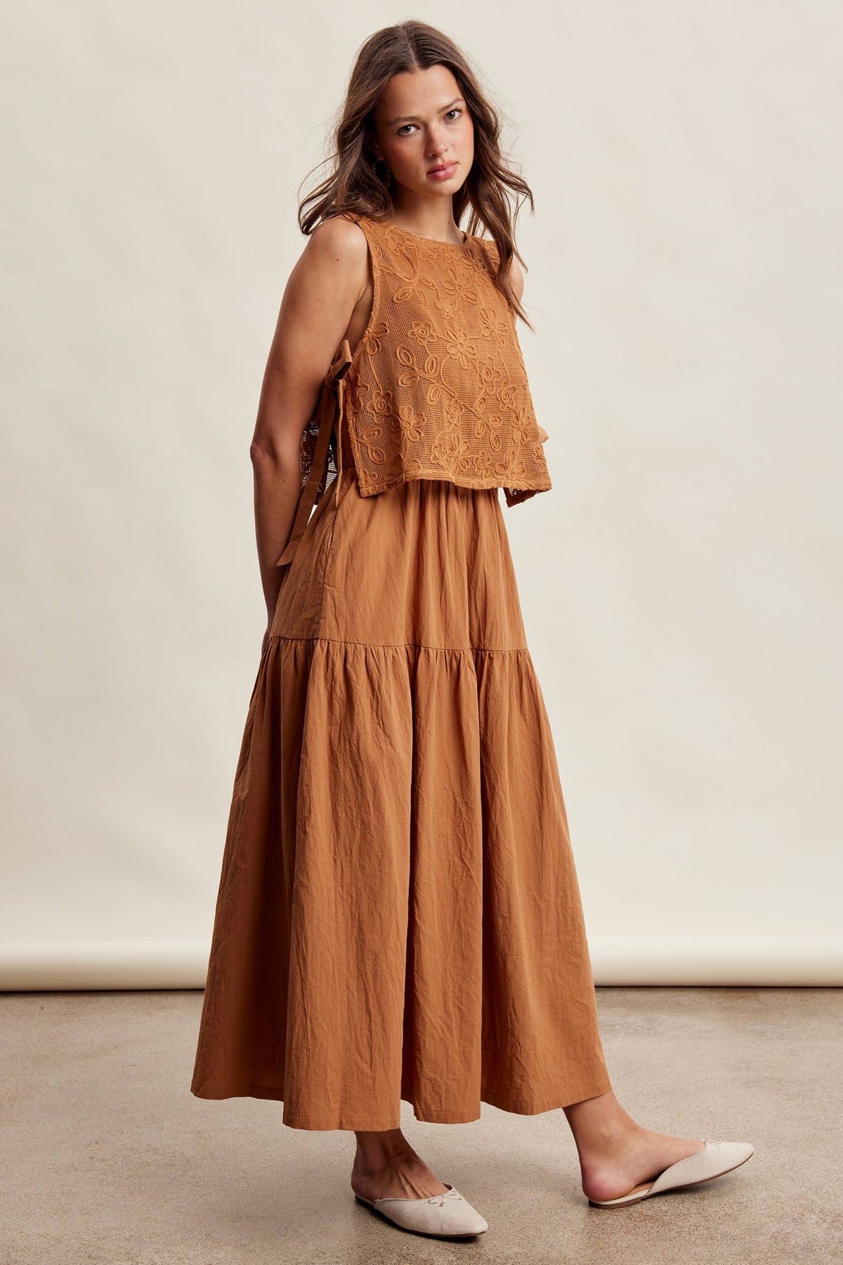 Embroidered Lace Vest & Sleeveless Midi Dress Set