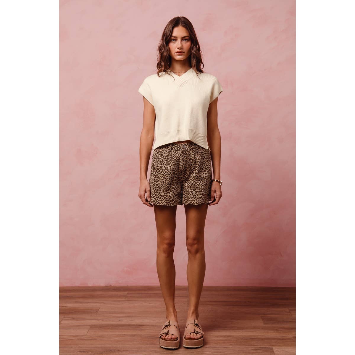 Mid Rise Leopard Shorts with Scallop Hem
