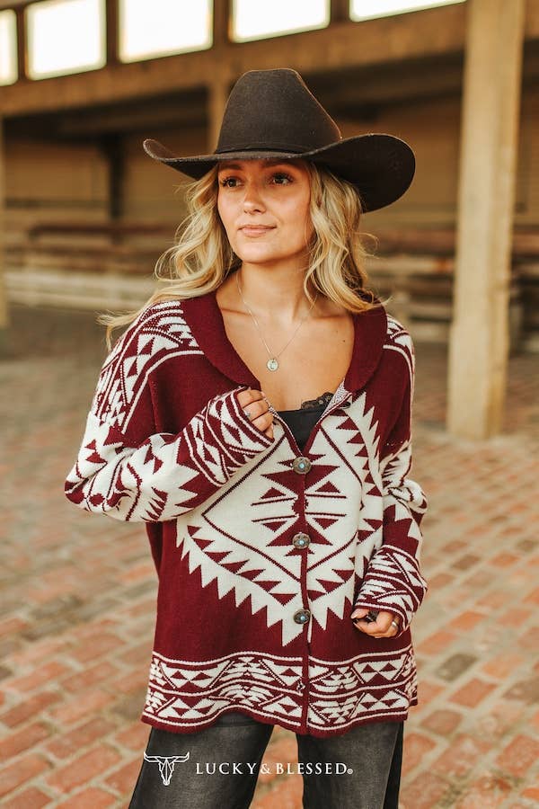 Wine Aztec Round Hem Knit Buffalo Button Down Sweater