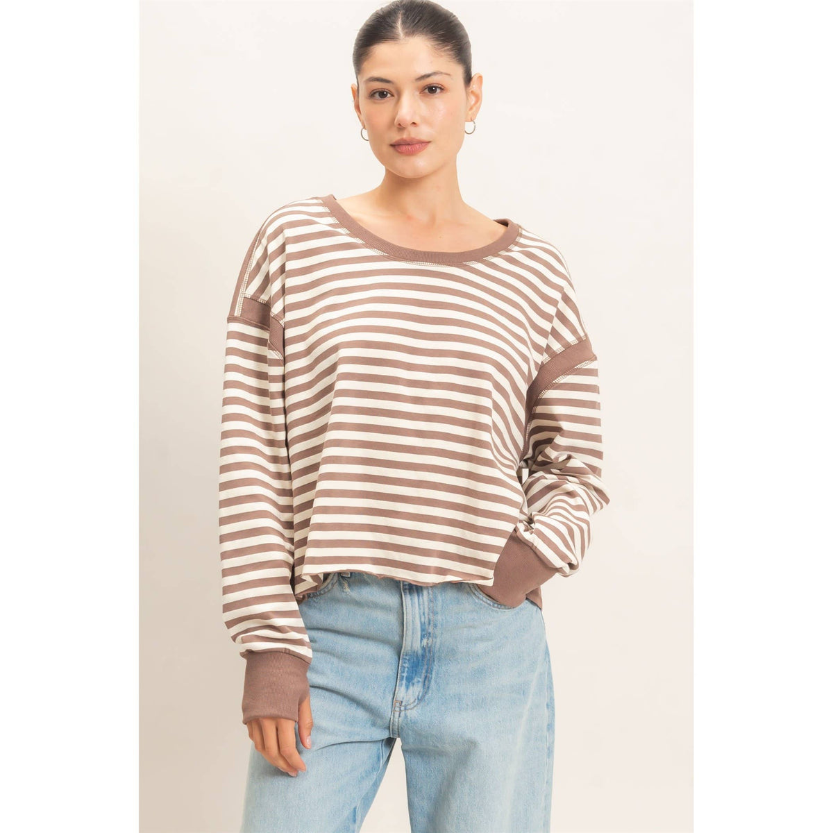Striped Long Sleeve Open Back Top
