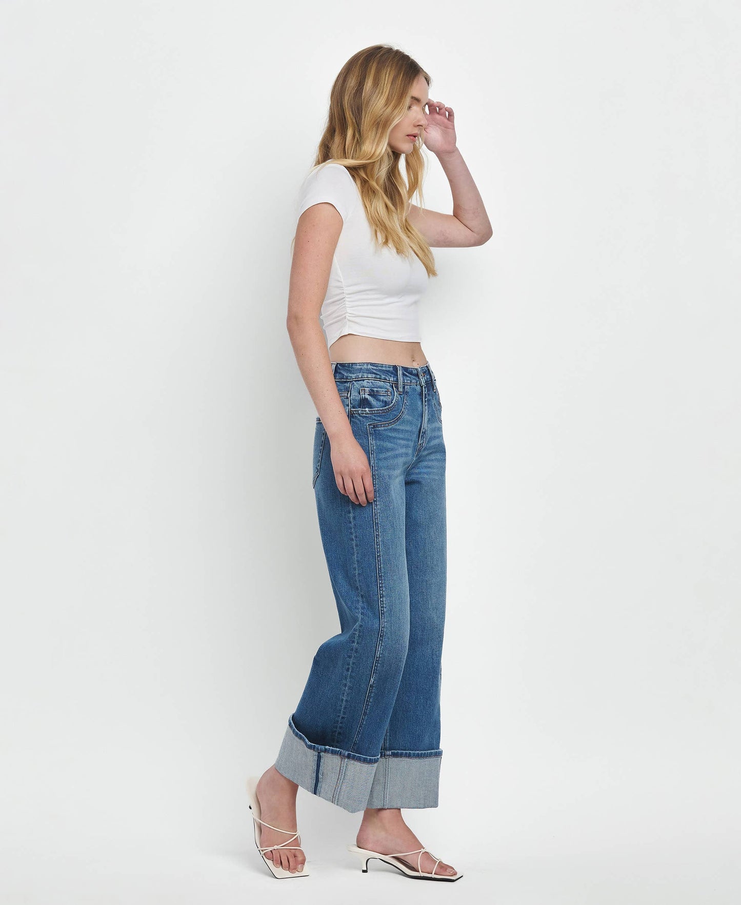 High Rise Cuffed Wide Denim