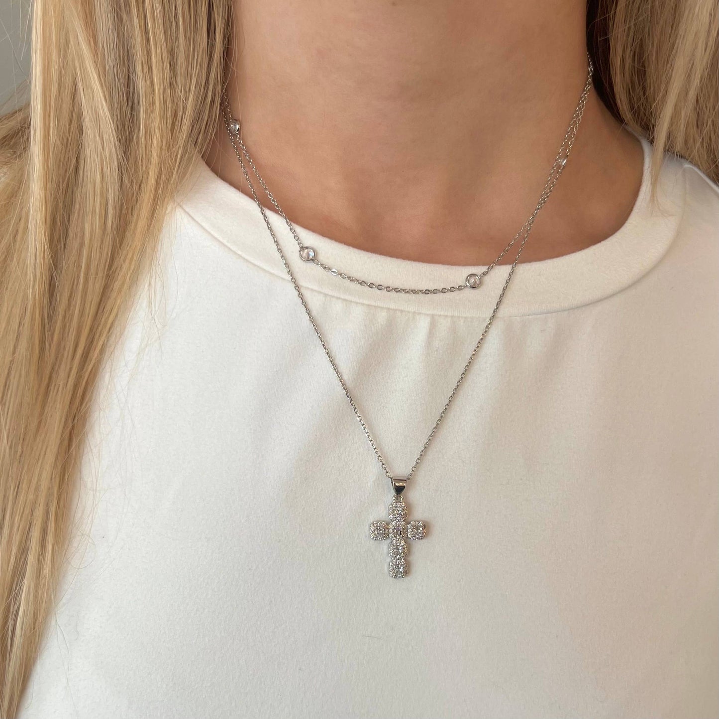 Diamond Cross Adjustable Necklace- Silver