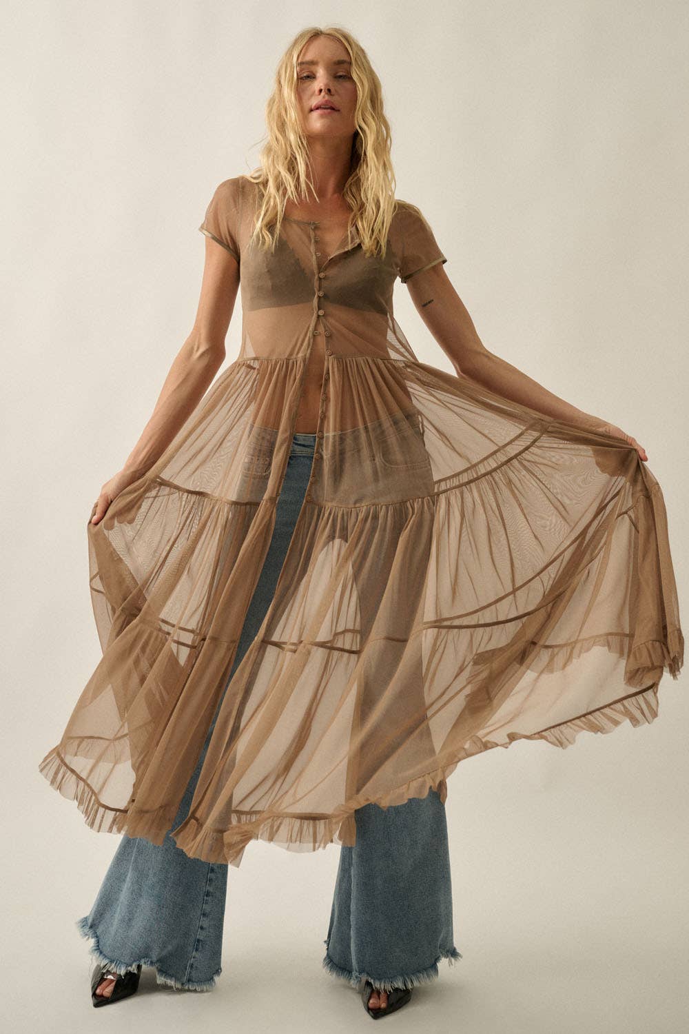 Mesh Short-Sleeve Button-Front Maxi Top