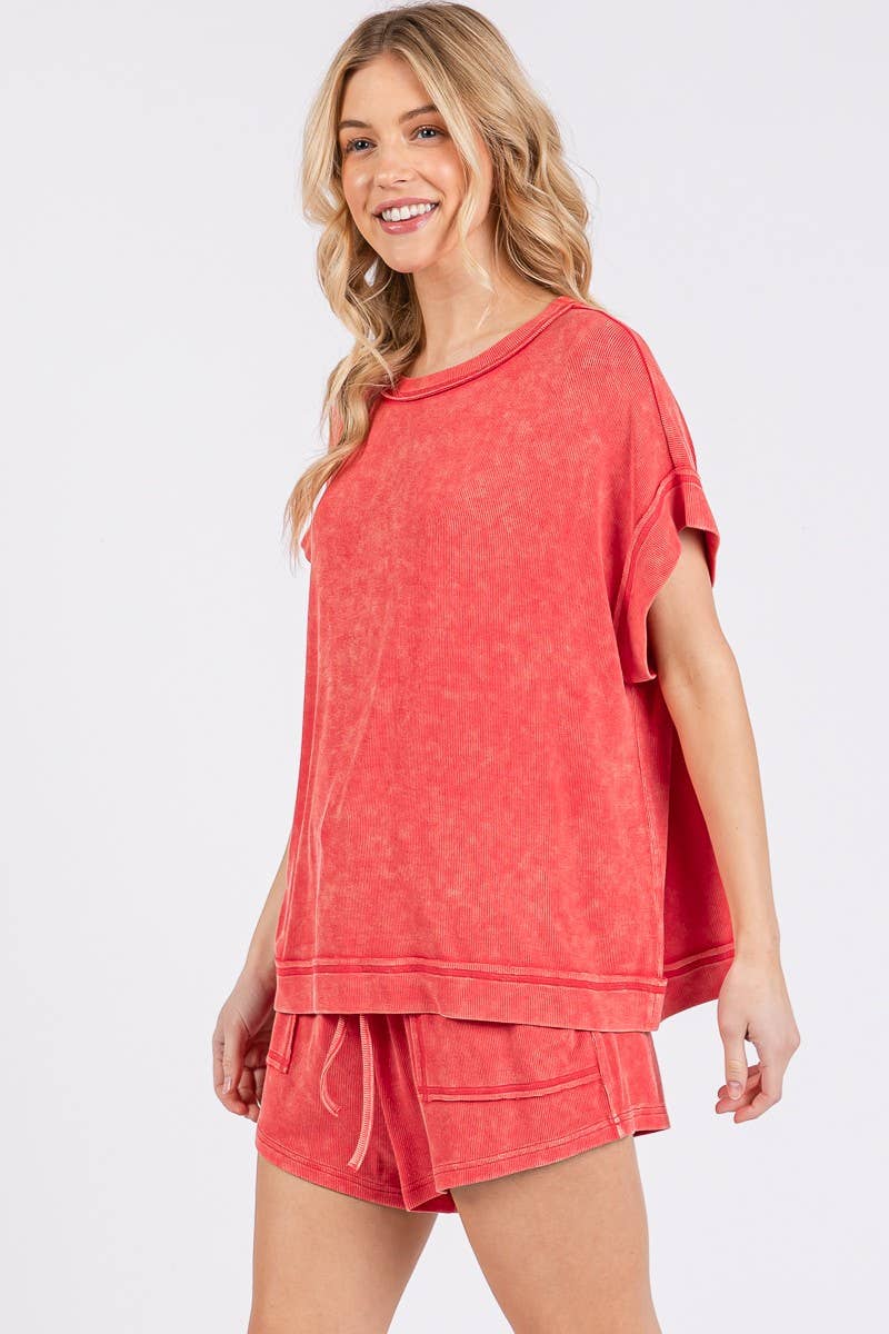 Red Mineral Washed Shorts Set