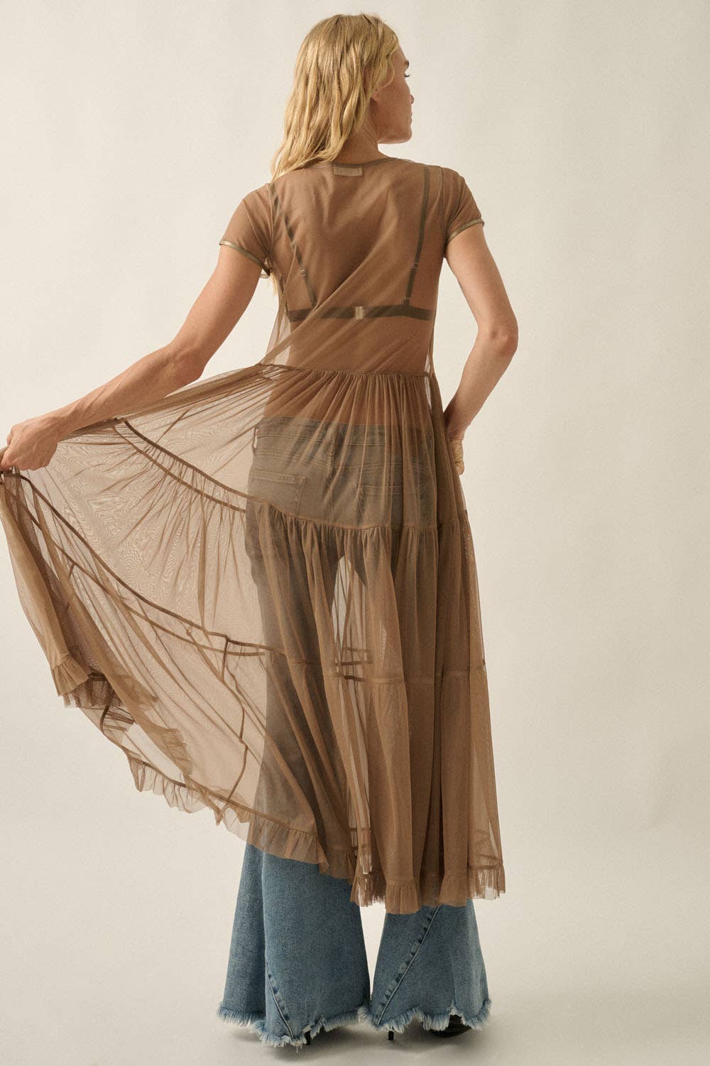 Mesh Short-Sleeve Button-Front Maxi Top