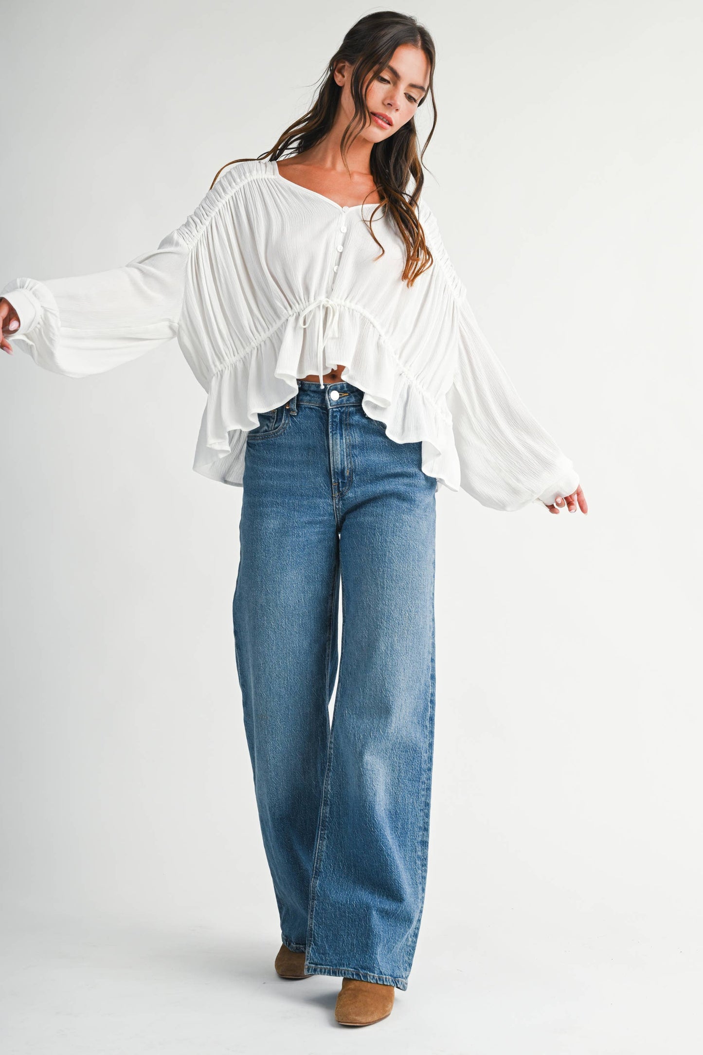 Textured Button Front Peplum Blouse