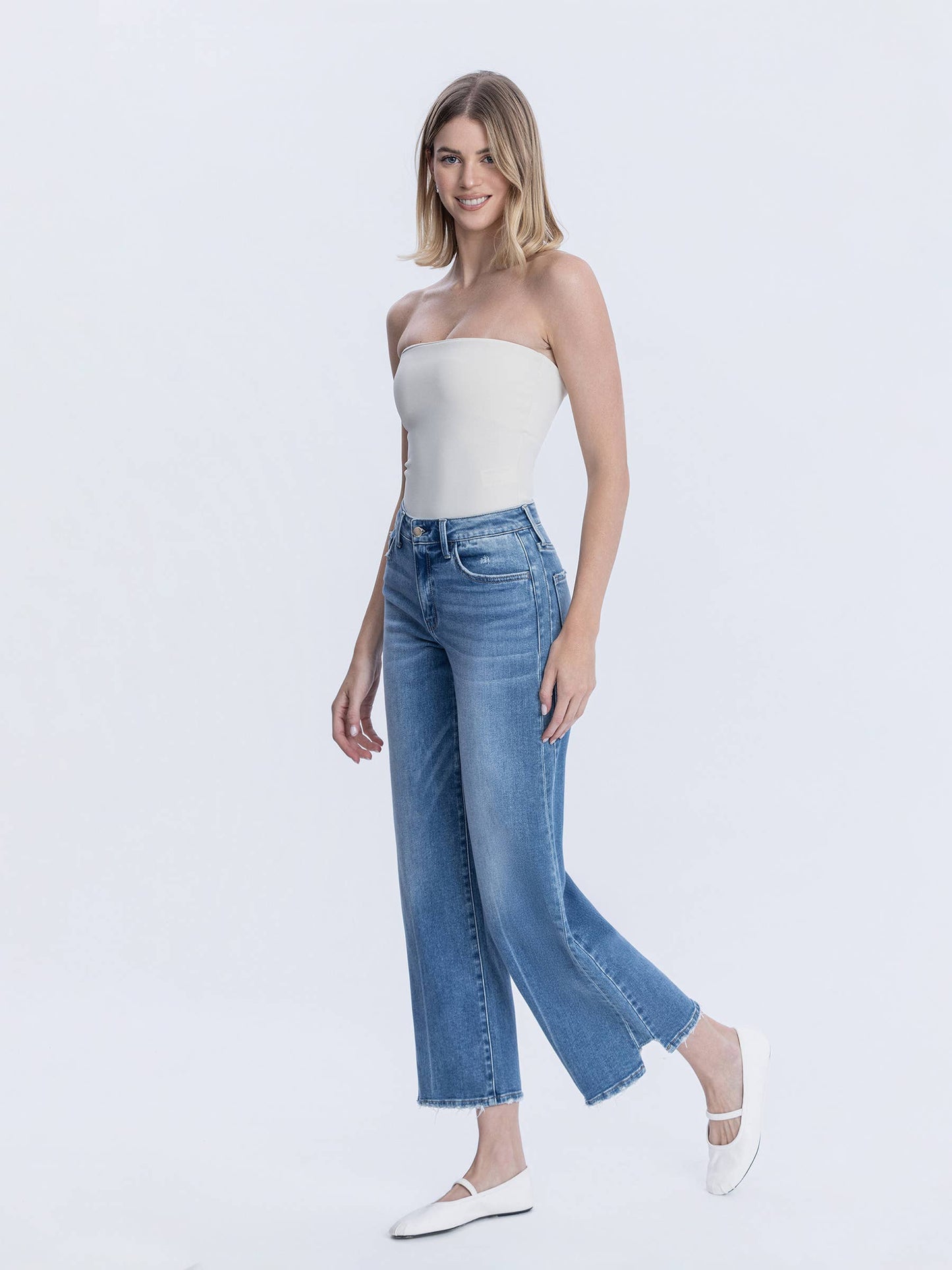 High Rise Side Panel Step Hem Ankle Wide Jeans