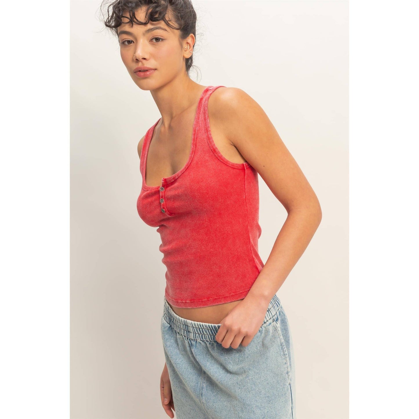 Acid Washed Henley Ribbed Tank Top