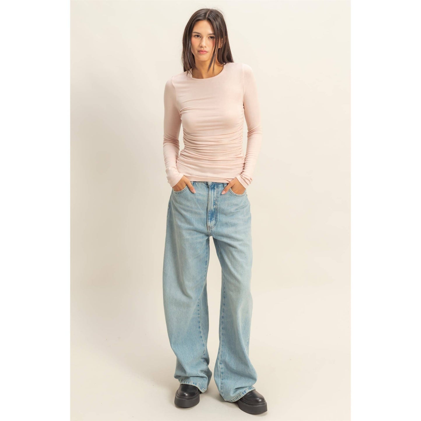 Ruched Side Detail Long-Sleeve Top