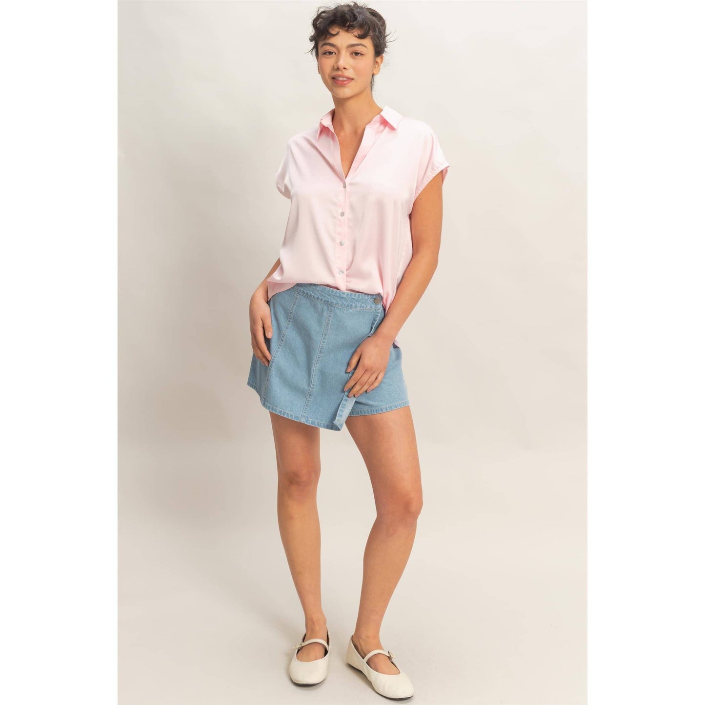 Sleeveless Satin Button-Up Blouse
