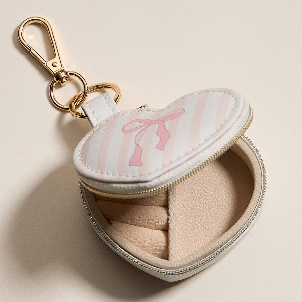 Bow Accent Striped Printed Heart Shaped Jewelry Case Keychain / Bag Charm
