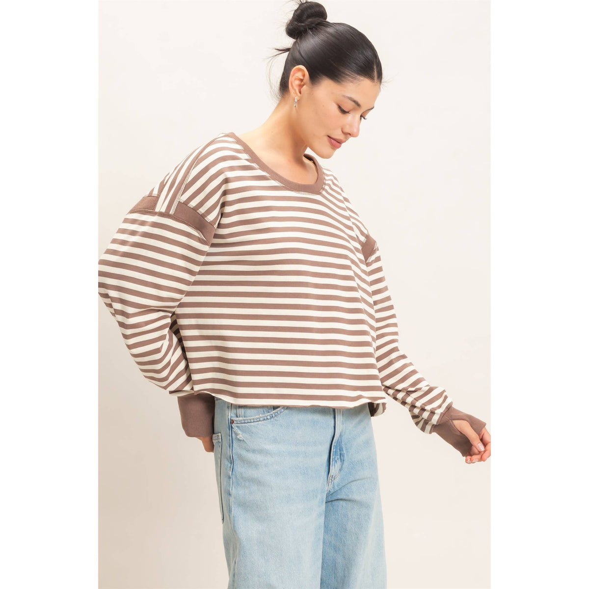 Striped Long Sleeve Open Back Top