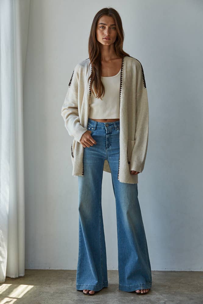 Knit Sweater Contrast Stitch Open Cardigan