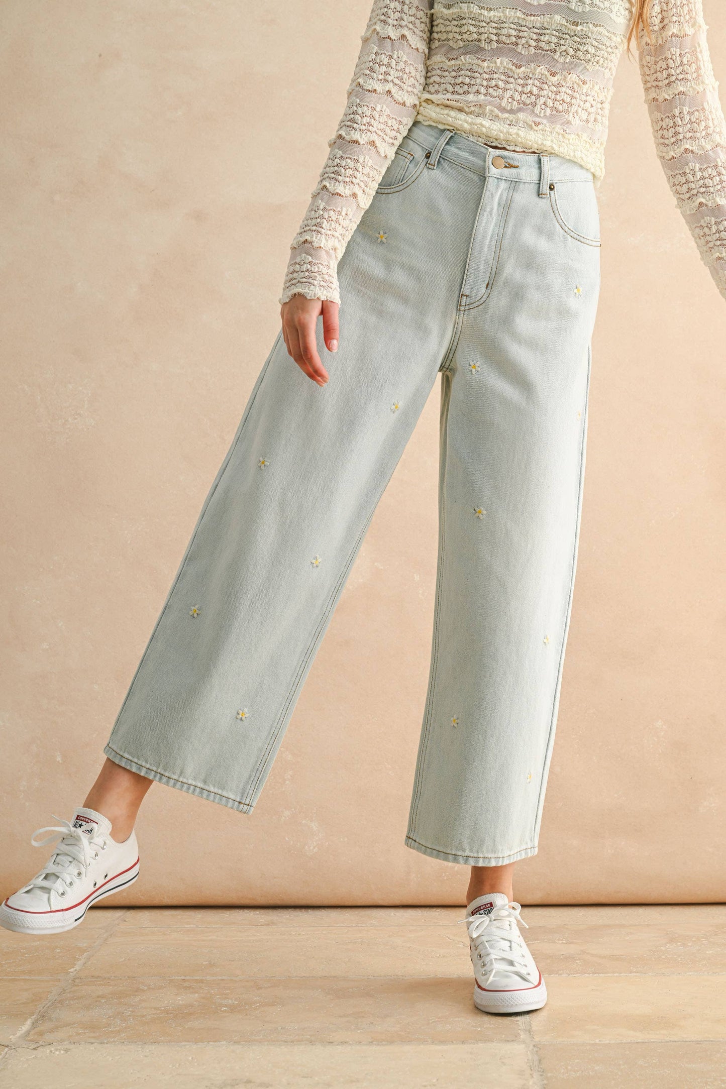 Flower Embroidered Denim Pants