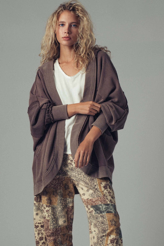 Washed Waffle Knit Hooded Cardigan