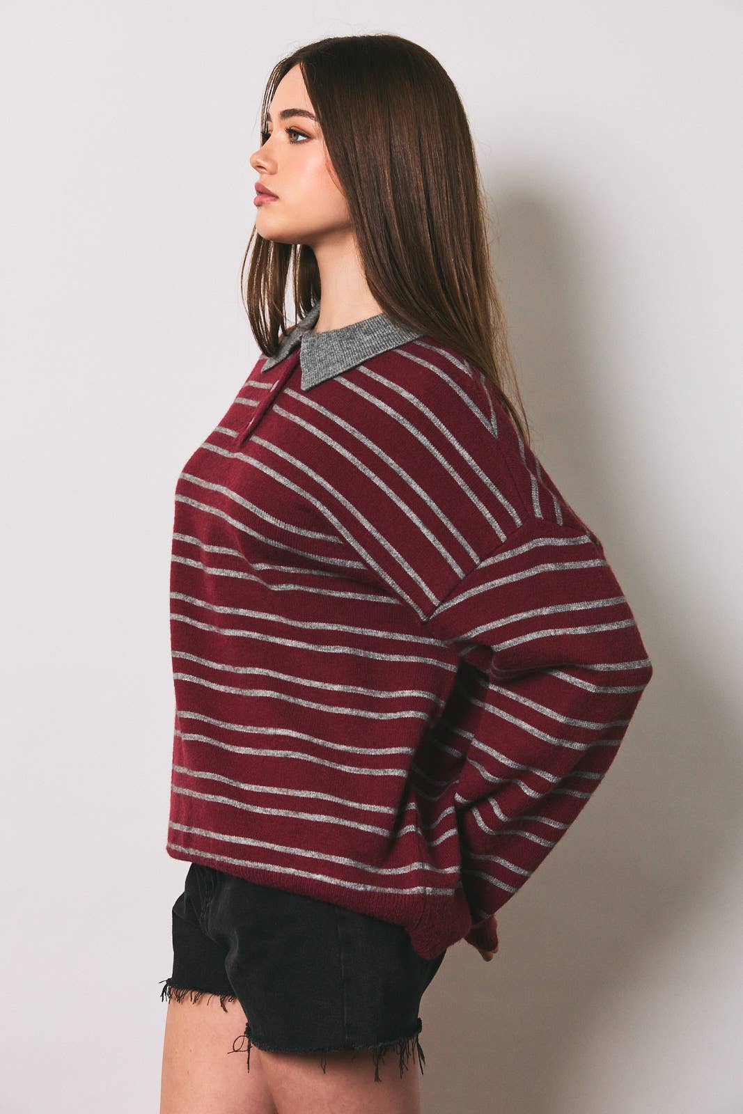 Maroon Striped Collared Knit Pullover Sweater