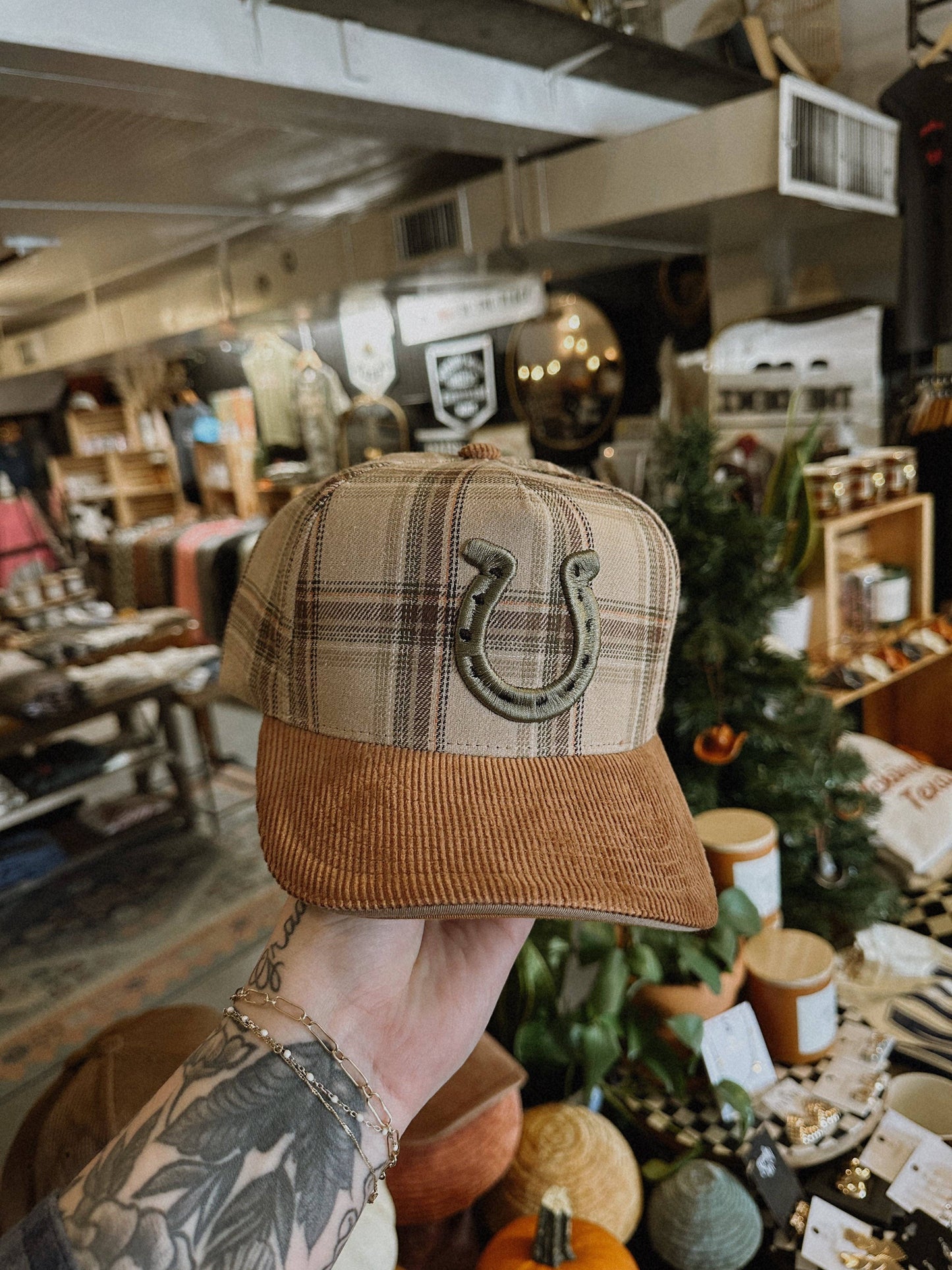 Horseshoe Plaid Corduroy Trucker Hat