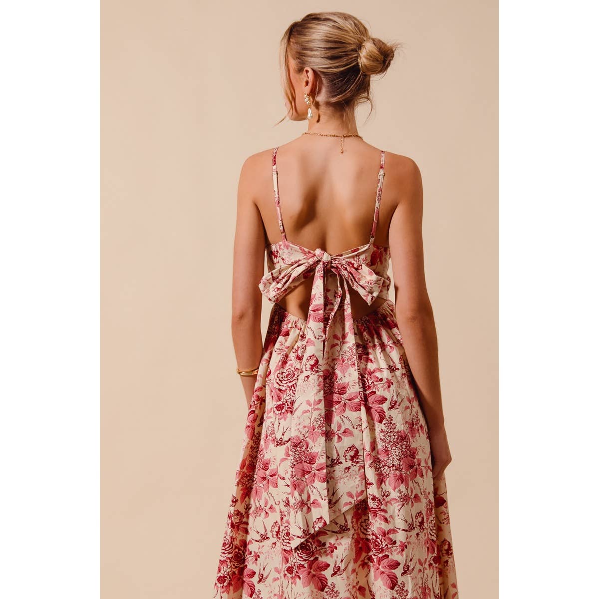 Floral Woven V Neck Dress With Back Ribbon Tie