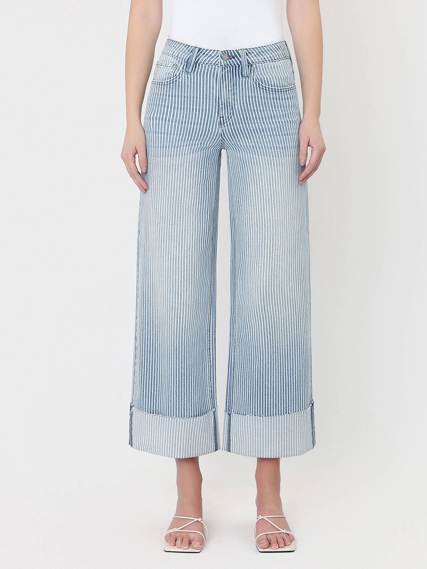 High Rise Cuffed Striped Crop Wide Jeans