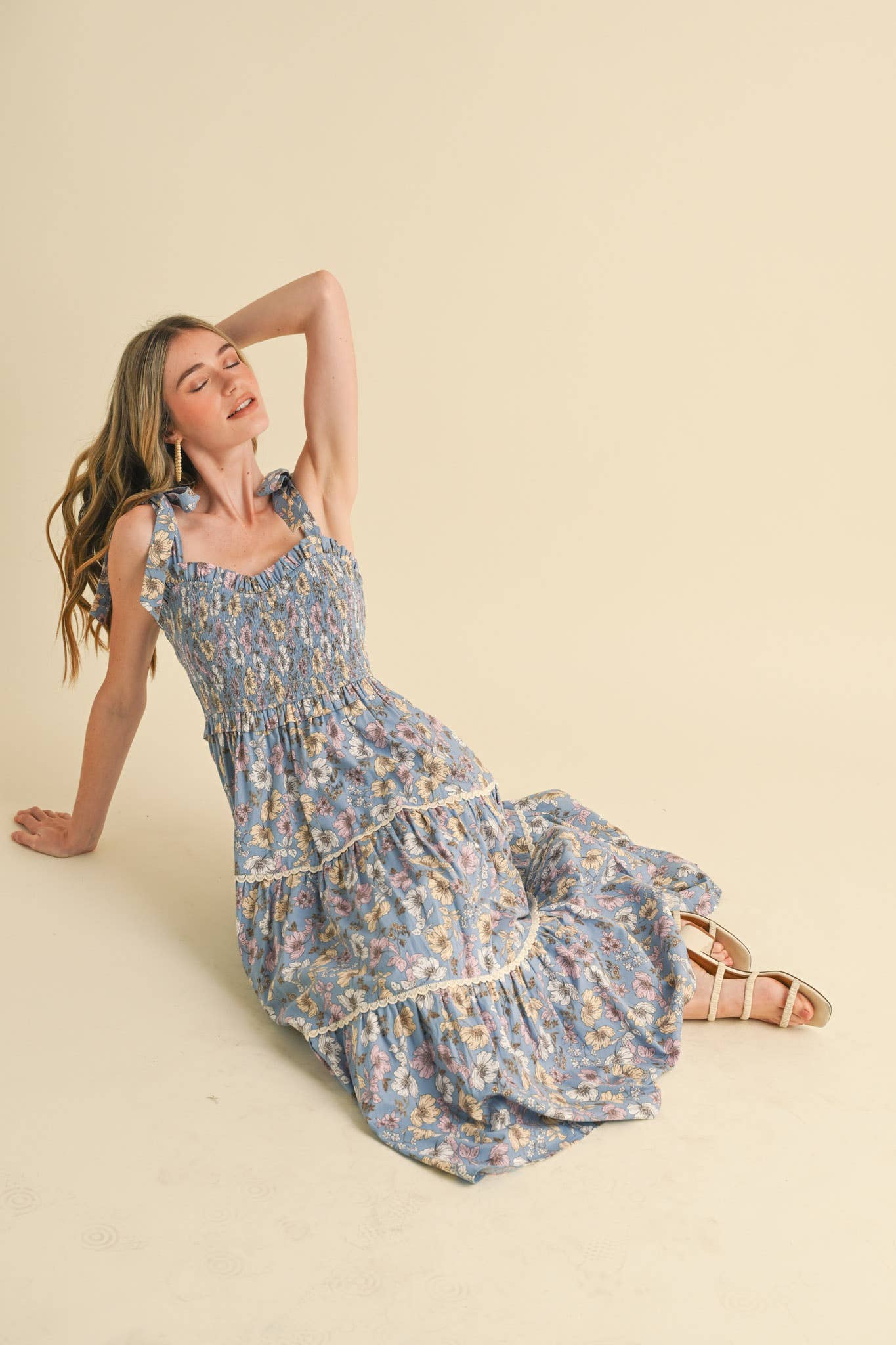 Floral Ruffled Lace Trim Midi Dress