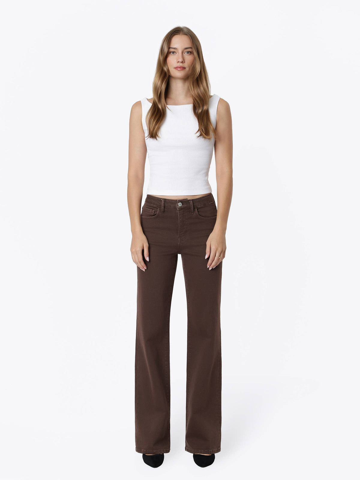 High Rise Brown Slim Wide Jeans