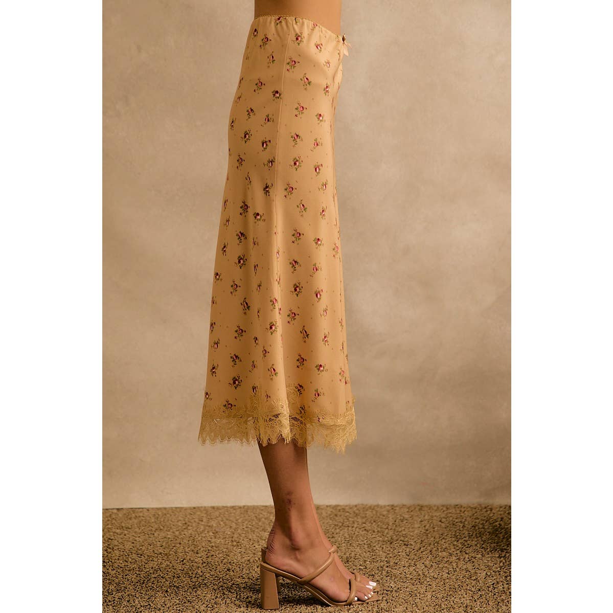 Satin Floral Print Lace Trim Midi Skirt