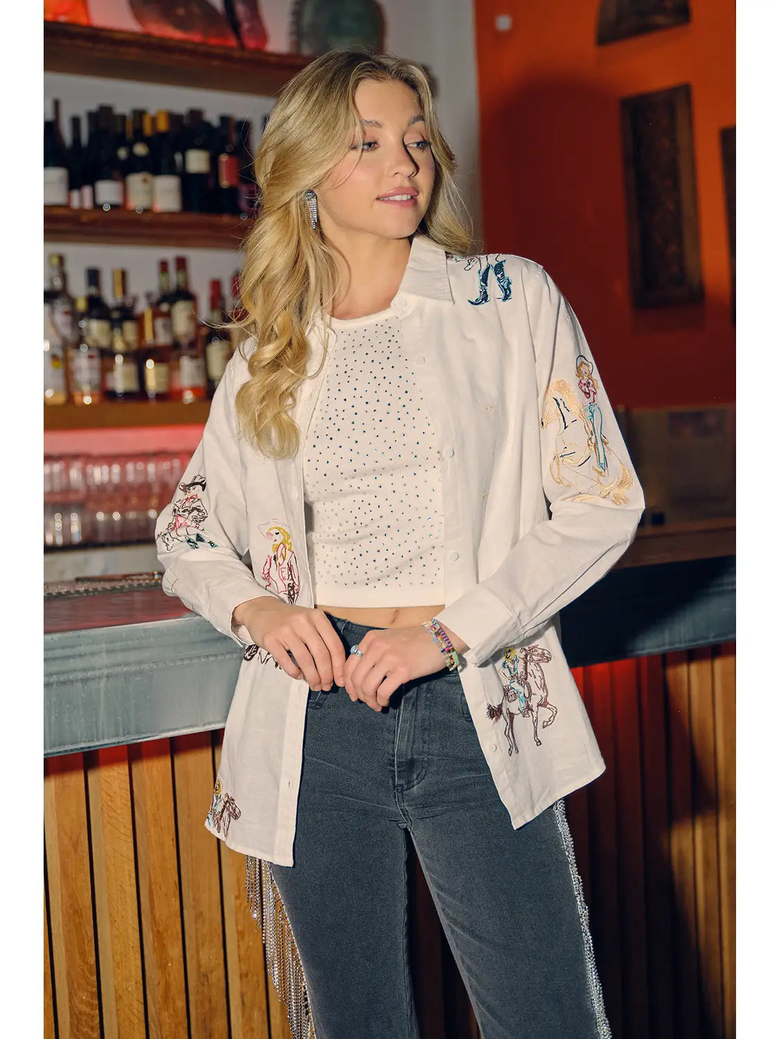 Embroidered Western Cowgirl Button Up Linen Shirt