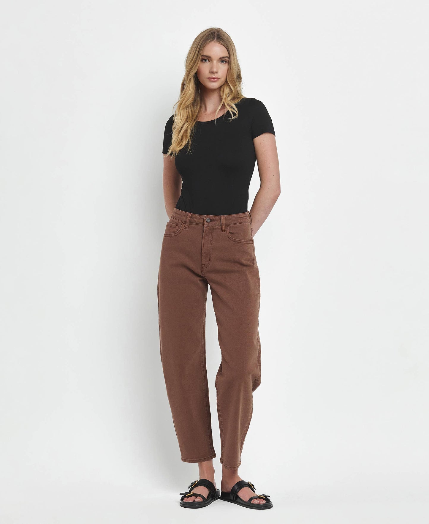 Super High Rise Brown Slim Barrel Jeans