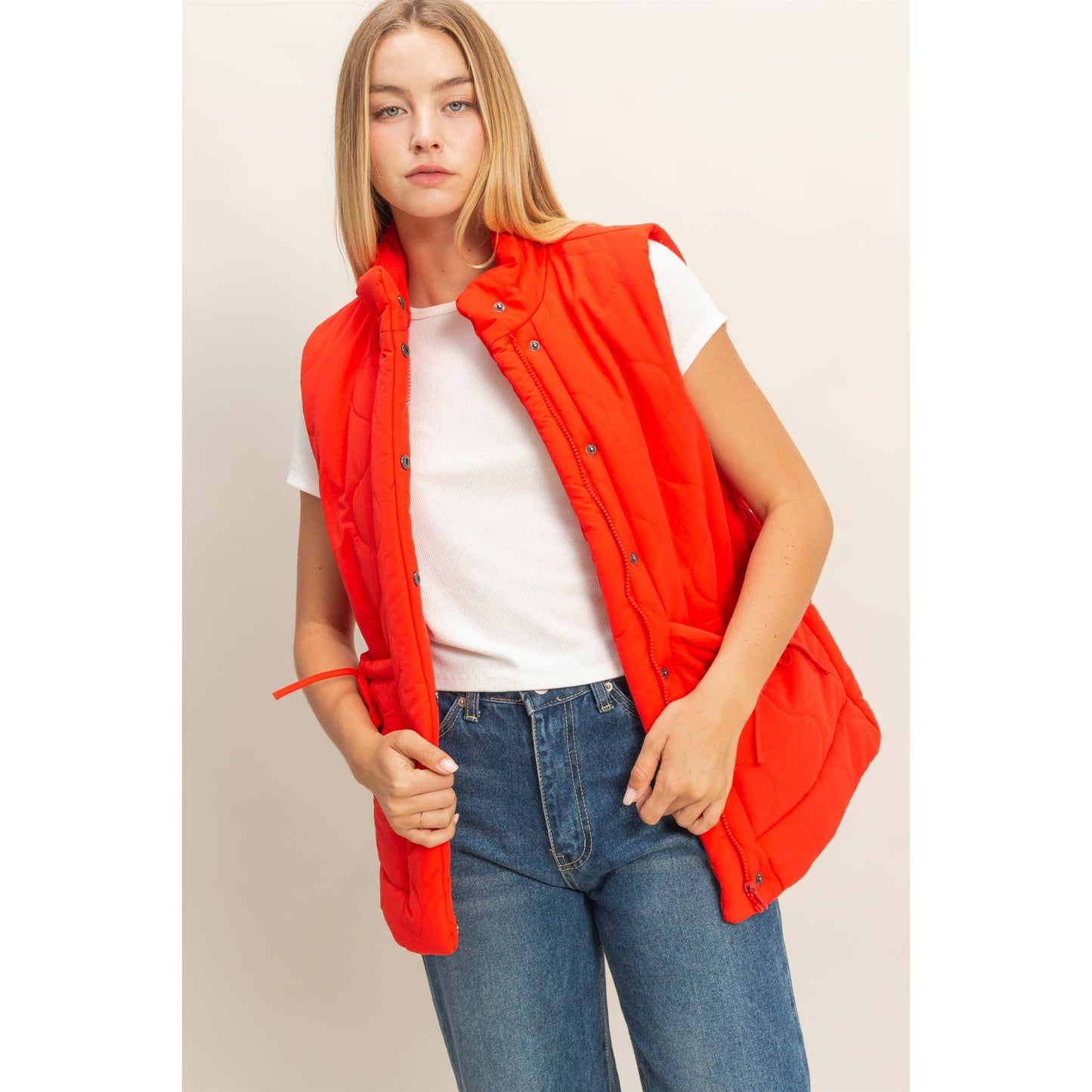 Wave Quilted Ribbon Tie Detailed Puffer Vest