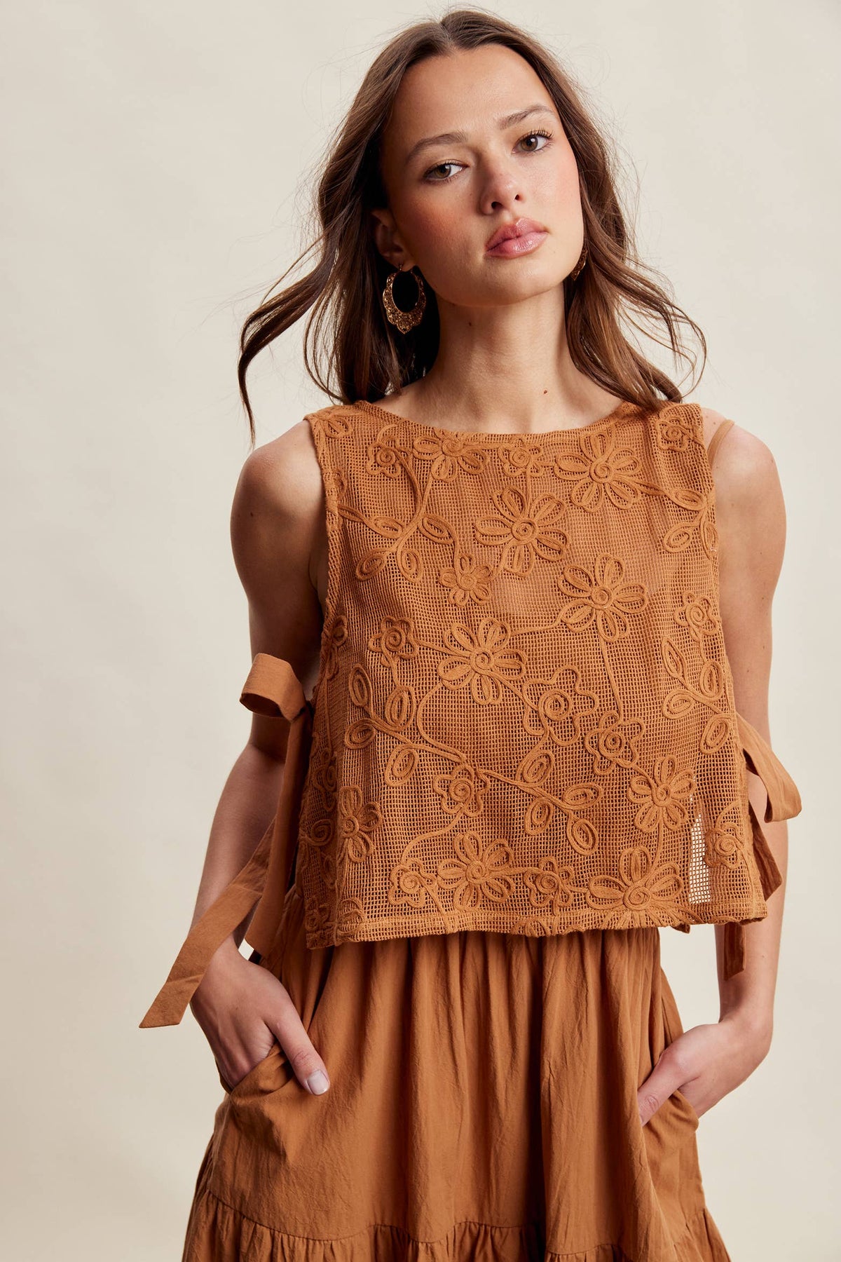 Embroidered Lace Vest & Sleeveless Midi Dress Set