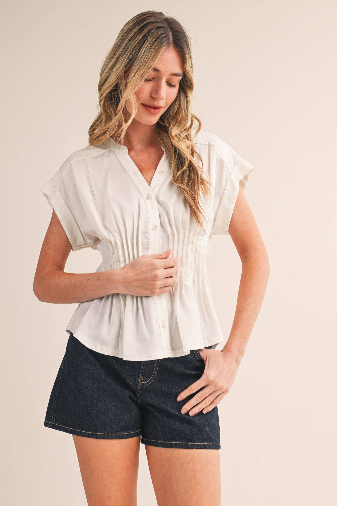 Pin Tuck Waist Button Down Top