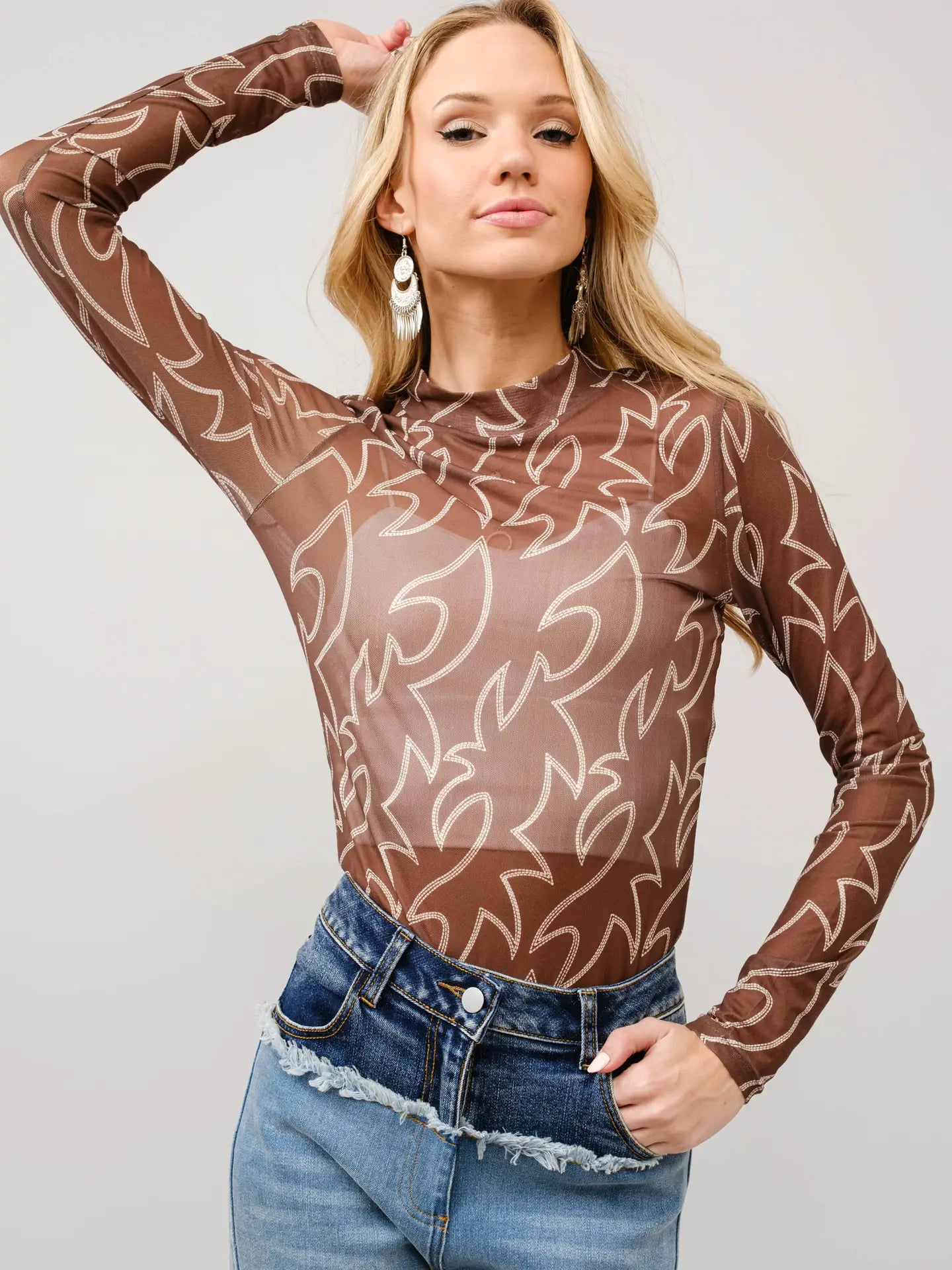 Boots Stitch Throughout Mesh Mock Neck Fitted Top