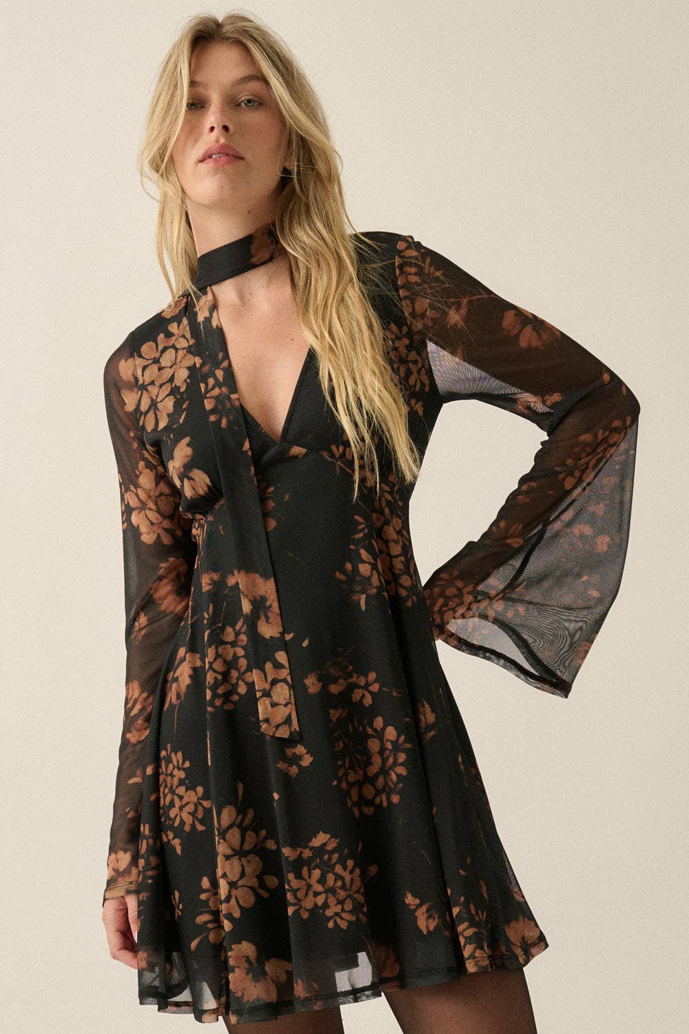 Floral-Print Mesh Bell-Sleeve Mini Dress with Scarf